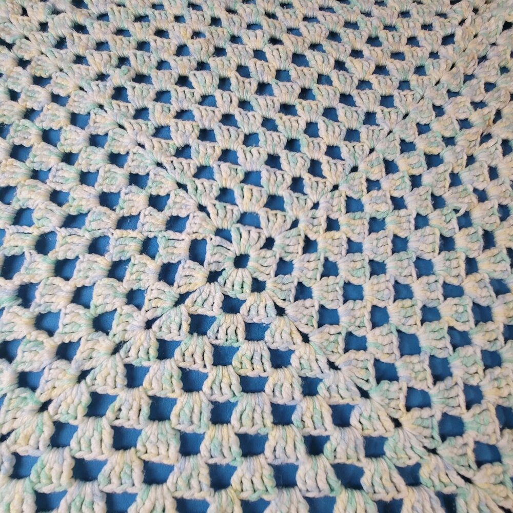 Handmade Crochet Knit Baby/Lap/Throw Blanket Pastel Green/Yellow/Blue 32x34